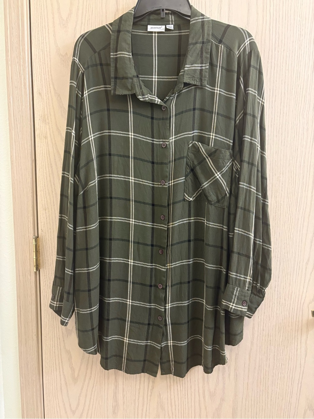 Avenue Soft Olive Green Plaid Button-Down Shirt